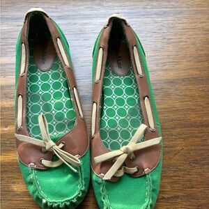 Kelly & Katie Green Canvas Loafers with Brown Trim